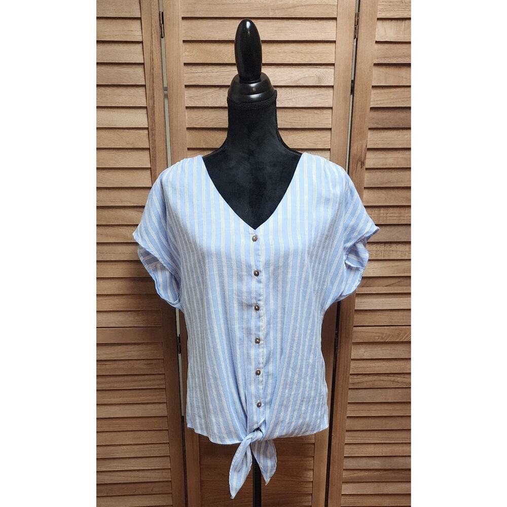 Perseption Concept Women's Top Short Sleeve Front Tie Striped Blouse Size Large